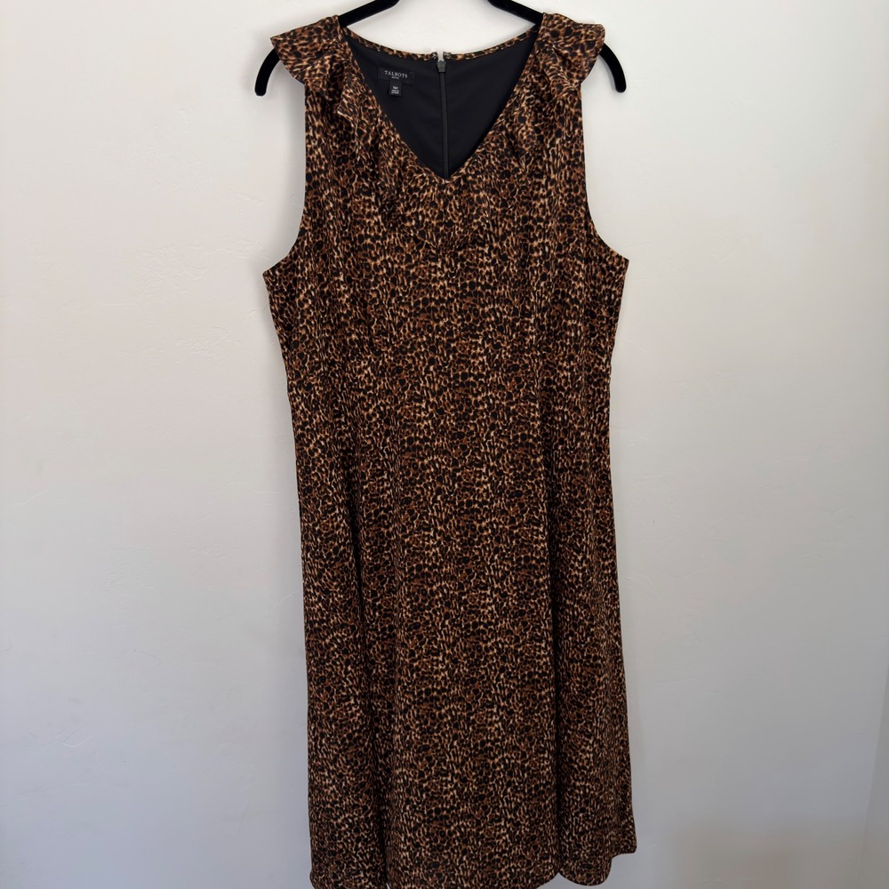Talbots Leopard Print Ruffle V-Neck Sleeveless Sheath Dress Brown Black 16P